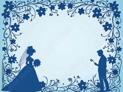 結婚式, ウエディング, 招待状, レター, 手紙, フレーム, 枠飾り, 装飾, 花, お祝い, 誓い, 恋人, 夫婦, パーティー, 愛, カード, メッセージカード, 青、ブルー、水色, ウエディングドレス, フローラル, デコレーション, 自然, はなよめ、プリンセス、プリンス、お姫様、王子様、