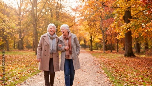 Two joyful senior women stroll arm-in-arm along a path amidst vibrant autumn trees and fallen leaves