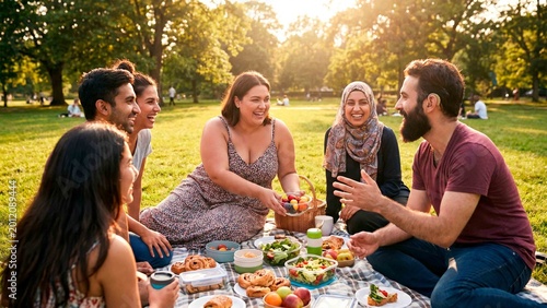 Diverse friends enjoy a happy outdoor picnic at sunset sharing food and laughter in a sunny park