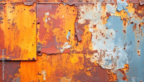 Close-up of Rusted Metal Surface with Peeling Paint and Textured Patterns.