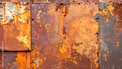 Close-up of a Rusted Metal Surface with Rivets and Patches.