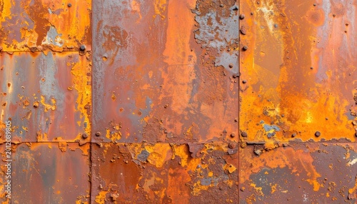 Close-up of a Rusted Metal Surface with Rivets and Texture.