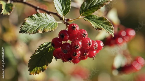 Closeup of vibrant red berries on a branch in autumn sunlight.