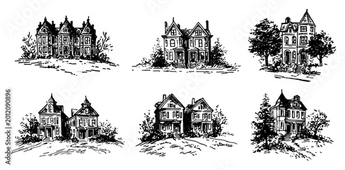Photos Victorian mansions with ornate architecture in vintage sketch style