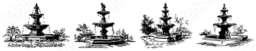 Classical tiered garden fountains with water flowing in decorative vintage hand drawn style