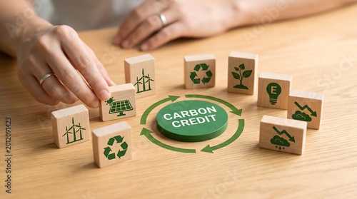 Hand Arranging Eco and Renewable Energy Icons on Wooden Blocks