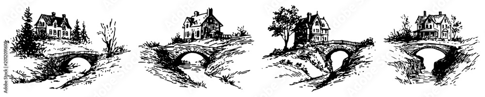 Naklejka premium Country house and stone bridge over river collection in vintage engraving style