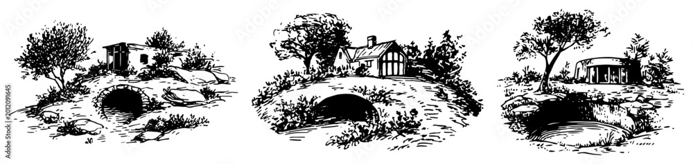 Obraz premium Hillside cottages and rural dwellings built into mounds vintage sketch
