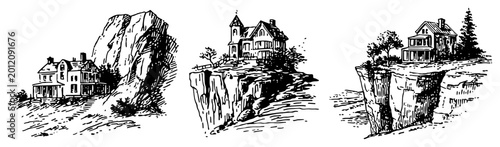 Fotografía Mansions and villas perched on steep rocky cliffs vintage etching style