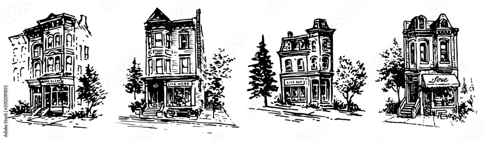 Fototapeta premium Urban townhouses and city street buildings featuring classic store fronts vintage engraving style