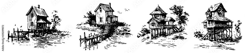 Obraz premium Wooden stilt houses with wooden piers by the water in vintage sketch style