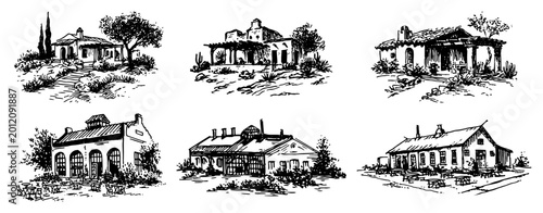 Tableau sur toile Mediterranean villas and spanish style architecture in vintage sketch style