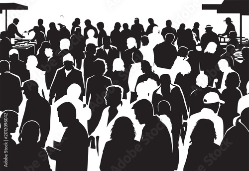 Crowd silhouette at an event or market with represents a large group