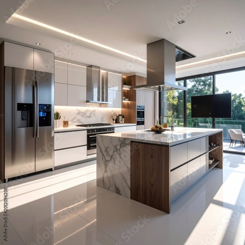Modern luxury kitchen interior with marble island, stainless steel appliances, cabinet lighting, spacious layout for real estate home showcase