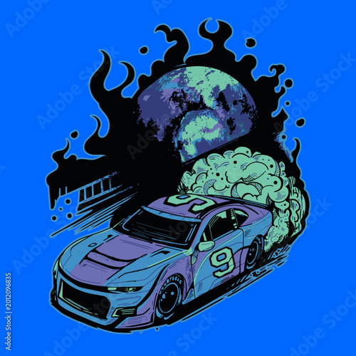 Racing Car Illustration with Moon and Planet Background for Streetwear T Shirt Design