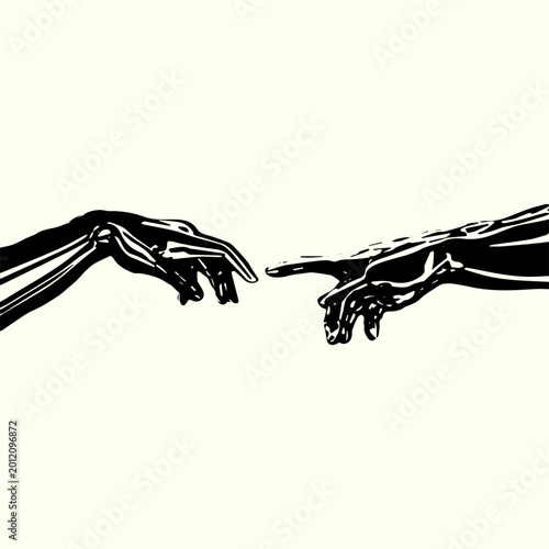 Hand Illustration Inspired by The Creation of Adam with Chrome Texture and Retro Aesthetic for Digital and Print Design Needs