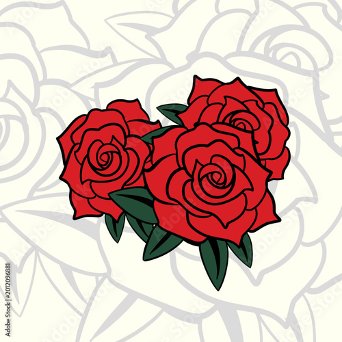 Red Rose Illustration with Green Leaves for Printing Tattoo and Creative Design Needs