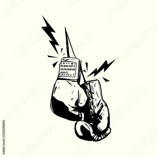 Black and White Boxing Gloves Illustration with Lightning Ornament for Printing and Graphic Design
