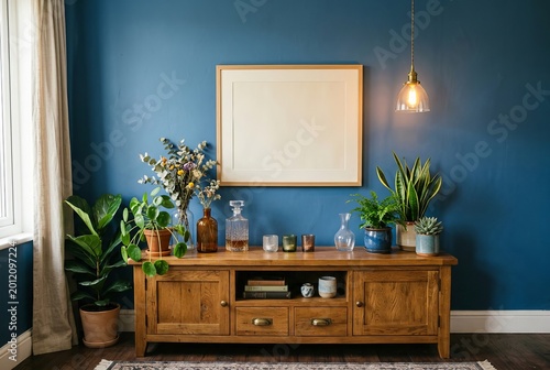 Cozy Living Room Corner with Vintage Wooden Cabinet and Lush Green Plants.