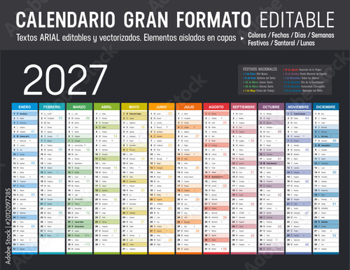 Calendario 2027 Español gran formato editable, España planificador anual horizontal vectorial con Festivos y Santoral