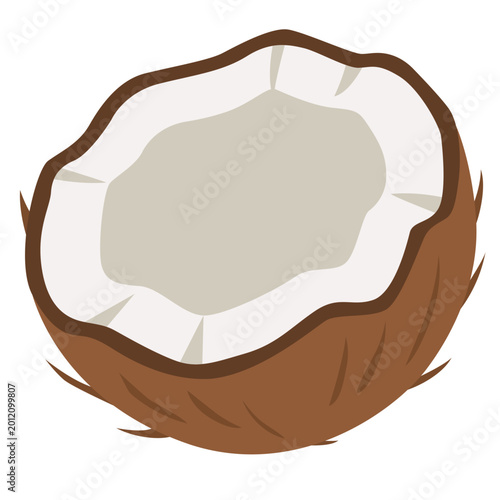 Brown coconut half open showing white meat, tropical fruit, healthy food, vector icon.