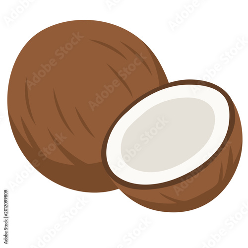 Whole brown coconut and half slice, tropical fruit, healthy food, vector icon design.