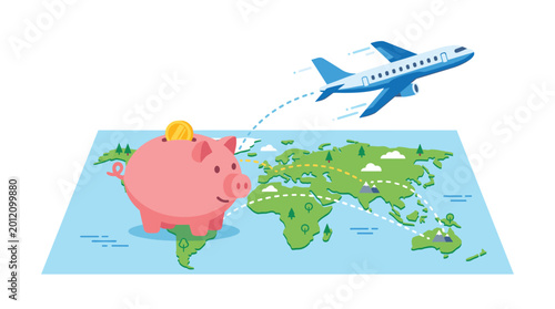 A pink piggy bank rests on a flat world map while a blue airplane flies across the illustrated horizon with dashed flight paths in a vibrant graphic design style.