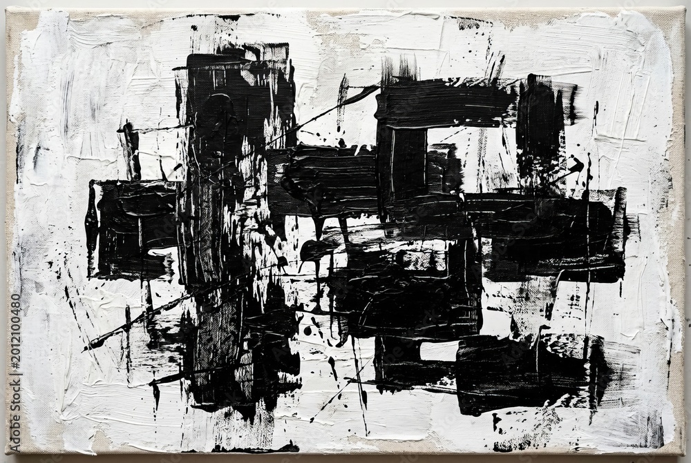 Obraz premium Abstract Black and White Textured Paint Strokes on Canvas.
