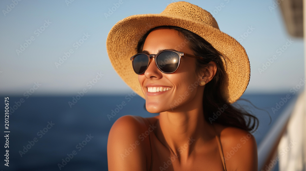 Fototapeta premium Woman in sunglasses and a summer hat enjoying a cruise ship vacation, travel agency advertising concept, with copy space