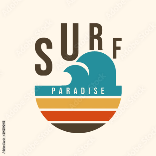 Fotografija Retro surf paradise t-shirt design featuring ocean waves, sunset stripes, and bold typography in a vintage beach-inspired style with tropical summer vibes