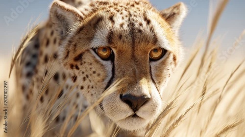 Focused cheetah watching prey in golden savanna grass under warm sunlight