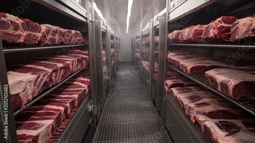 Industrial Meat Processing Chamber With Racks of Raw Cuts