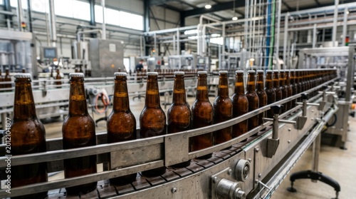 Row of brown beer bottles moving on conveyor belt in factory. Industrial bottling line for beverage production. Modern manufacturing process in brewery.
