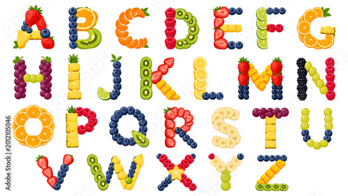 Vibrant and colorful alphabet letters, creatively composed using fresh fruits. This artistic arrangement showcases each letter distinctively, making a visually appealing display