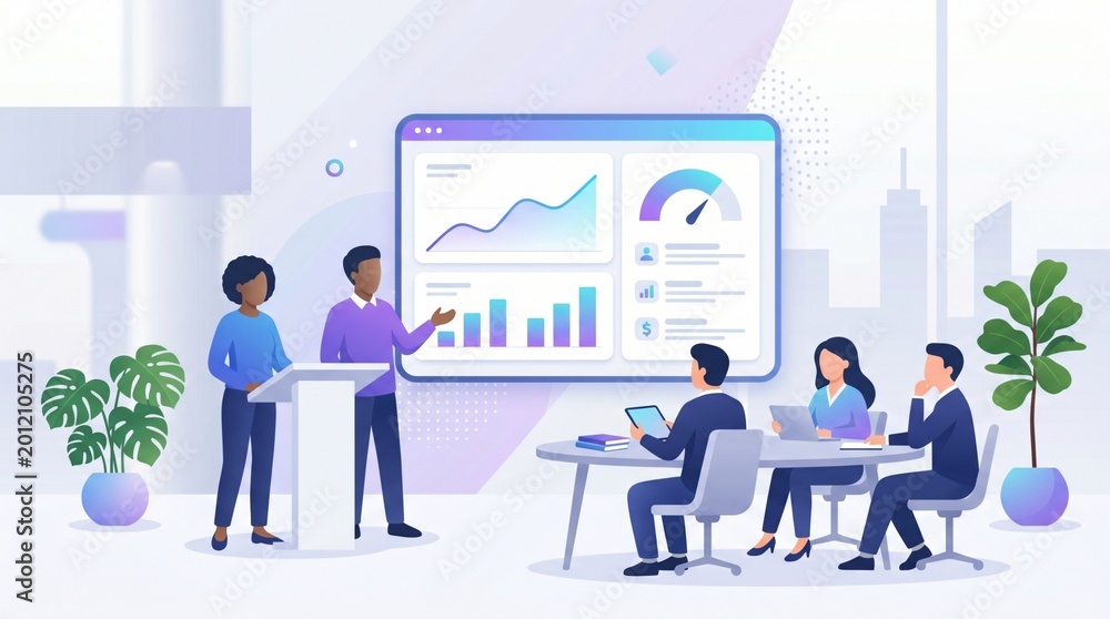 Fototapeta premium Business Presentation Illustration with Team Meeting and Data Analytics Dashboard for Corporate Strategy