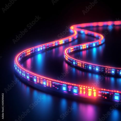Curved RGB LED Strip Lights, a close-up view showcasing glowing neon blues, pinks and reds on a dark reflective surface, depicting a modern digital data pathway concept. Futuristic,