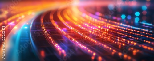 Dynamic Abstract Digital Network Sweeping orange-red-blue light trails and glowing data streams illustrate high-speed information flow. Futuristic tech concept, connectivity. Data,