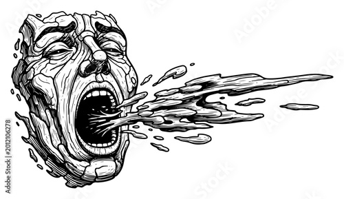 Photography Fragmented stone head screaming with liquid substance erupting from mouth in det