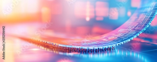Dynamic flexible circuit board, glowing close-up with vibrant blue-orange light and bokeh. Future tech for AI data processing and innovation. Computing, electronics