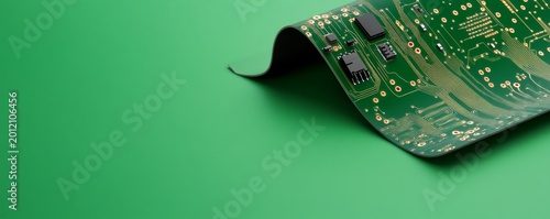 Dynamic Flexible PCB Green circuit board with golden traces and components elegantly waved on a vivid green backdrop, highlighting innovation and adaptable electronics. Flexible