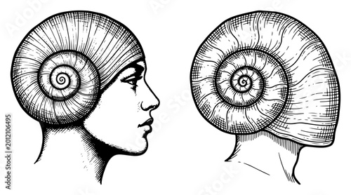 Obraz na płótnie Human head profiles with spiral nautilus shells instead of hair in detailed wood
