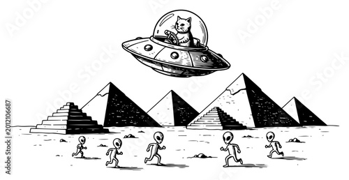 Foto Cat piloting a flying saucer ufo over egyptian pyramids with aliens running belo