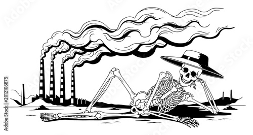Obraz na płótnie Skeleton wearing a hat sunbathing near factory chimneys with thick smoke in envi