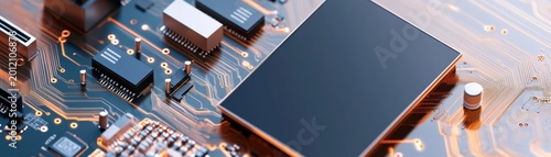Futuristic close-up Dark circuit board with a sleek, reflective main chip and vibrant, glowing orange data pathways. Depicts AI processing and digital intelligence. Computing,