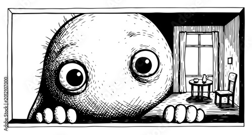 Tableau sur toile Giant creature with big eyes looking through a window into a small room in hand