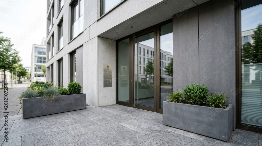 Fototapeta premium Modern apartment building entrance with glass doors and wooden canopy. Contemporary urban residential architecture. Exterior design featuring concrete and plants in city complex.