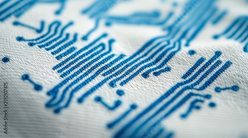 Macro shot Blue embroidered circuit pattern on white fabric, symbolizing smart textiles, soft electronics and craft-tech fusion.,Digital craft,Techwear