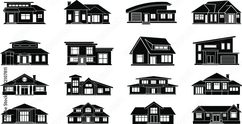Fototapeta premium Modern Residential House Silhouette Collection Vector Illustration Set for Real Estate