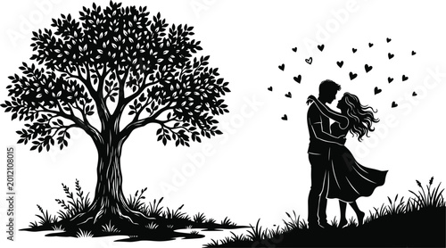 Konstfotografi Romantic couple embracing near large tree with flying hearts love silhouette nat