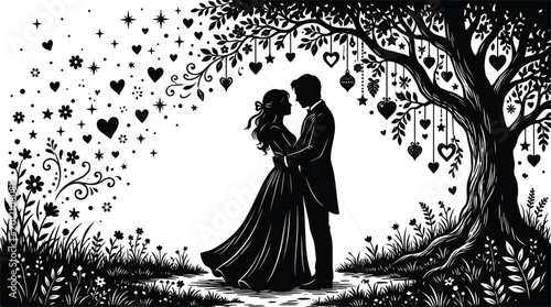 Fotografie Romantic couple silhouette under decorative heart tree with floral elements drea